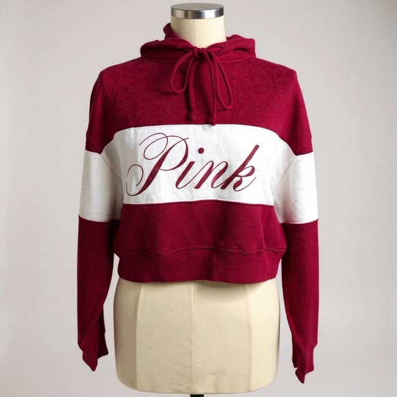 233 PINK Victoria's Secret |EUC Women's Red and White Cropped Hoodie (size XS/S) - Picture 2 of 15